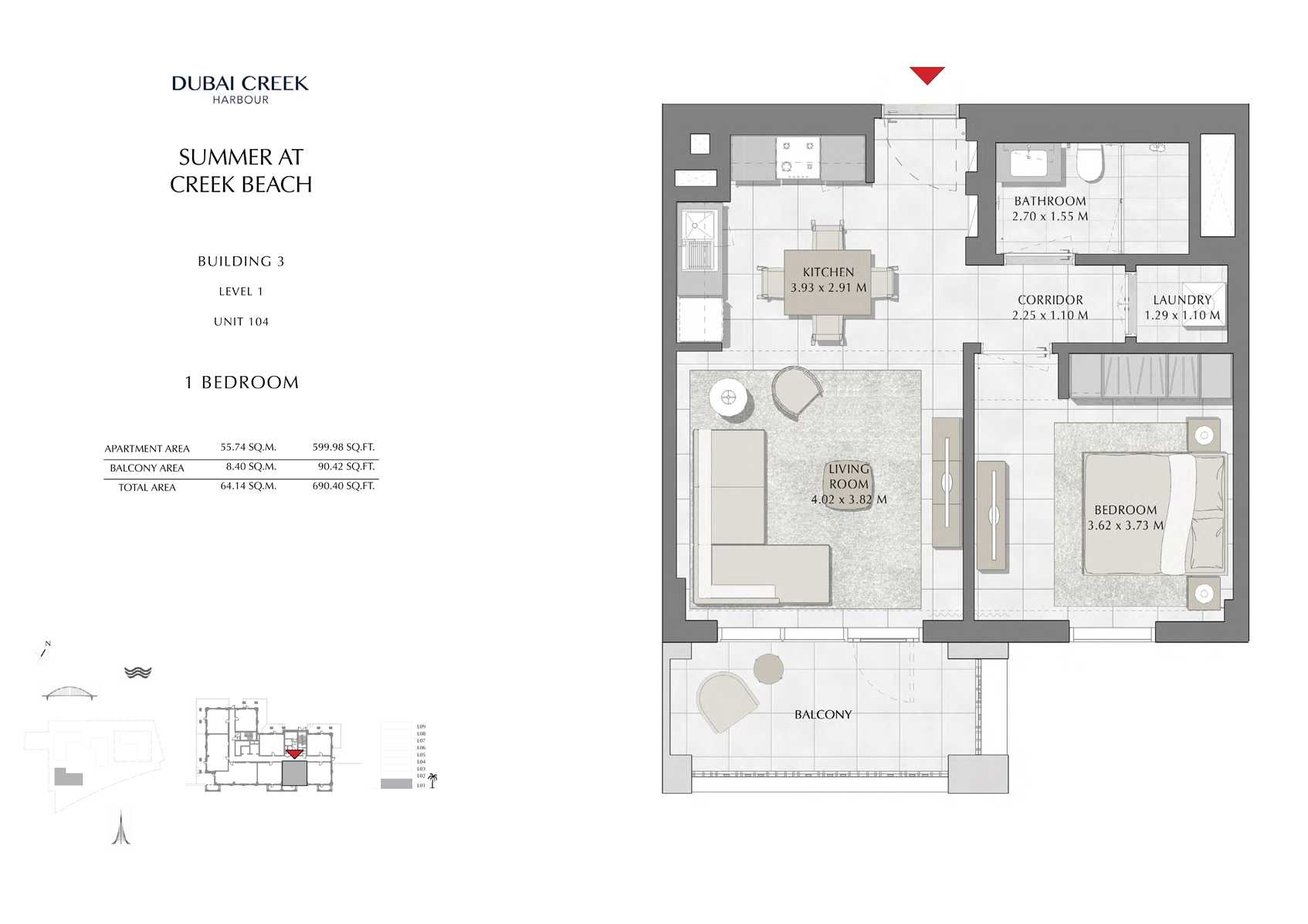 1 Br Building 3 Level 1 Unit 104, Size 690 Sq Ft